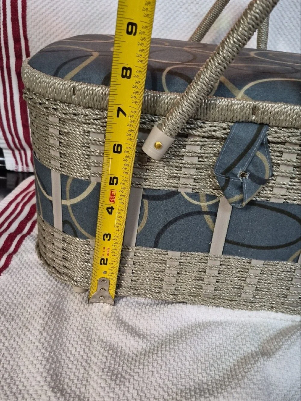 Woven Decorative Sewing Basket with Blue Pattern and Cream Trim Wooden Bottom